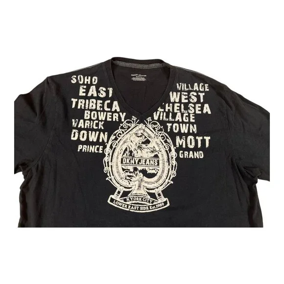 DKNY Jeans NYC Crest Graphic Tee XL Black Tribeca SoHo Village V-Neck - Picture 2 of 8